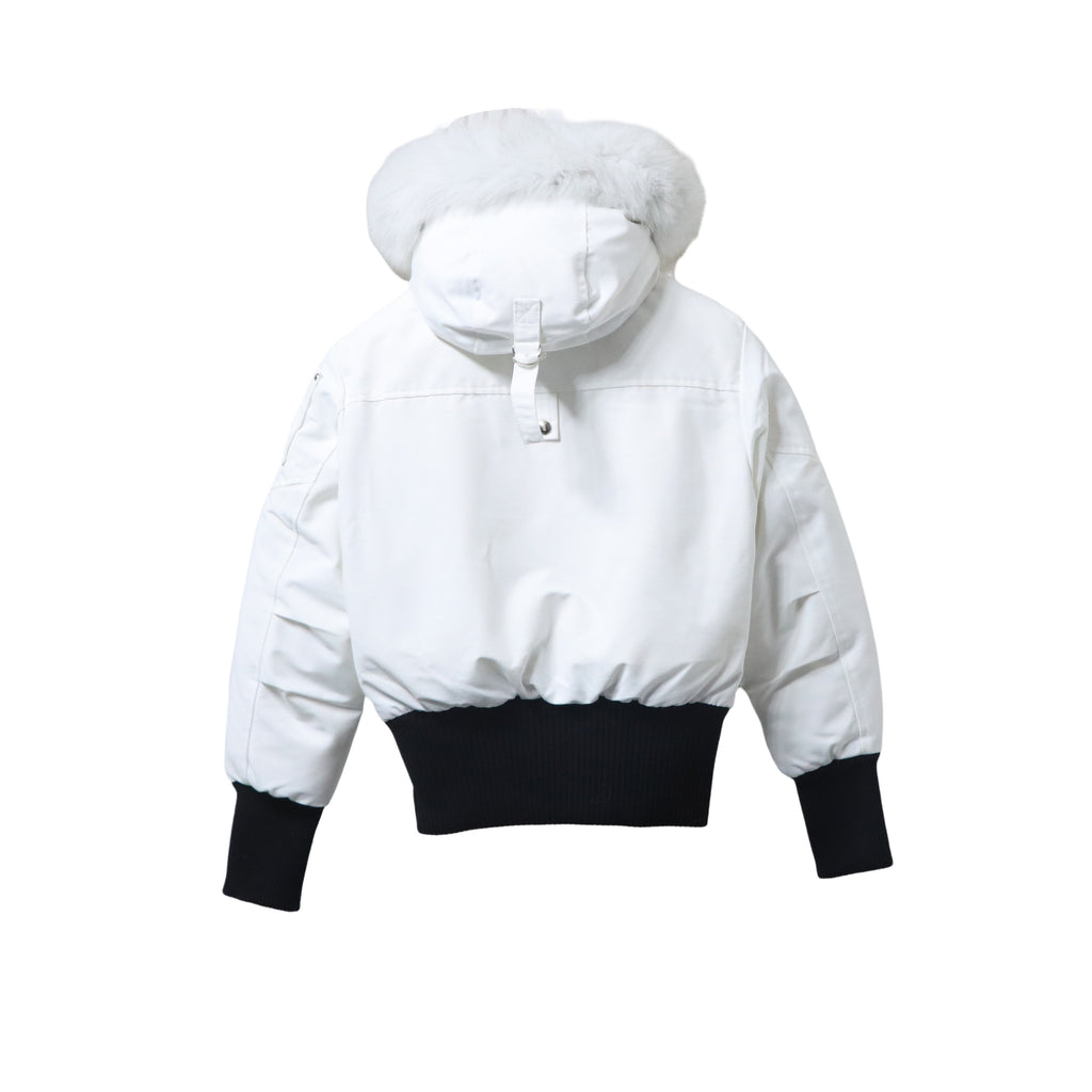 Moose Knuckles White and Black Cropped Hooded Bomber Jacket with Pom-Poms