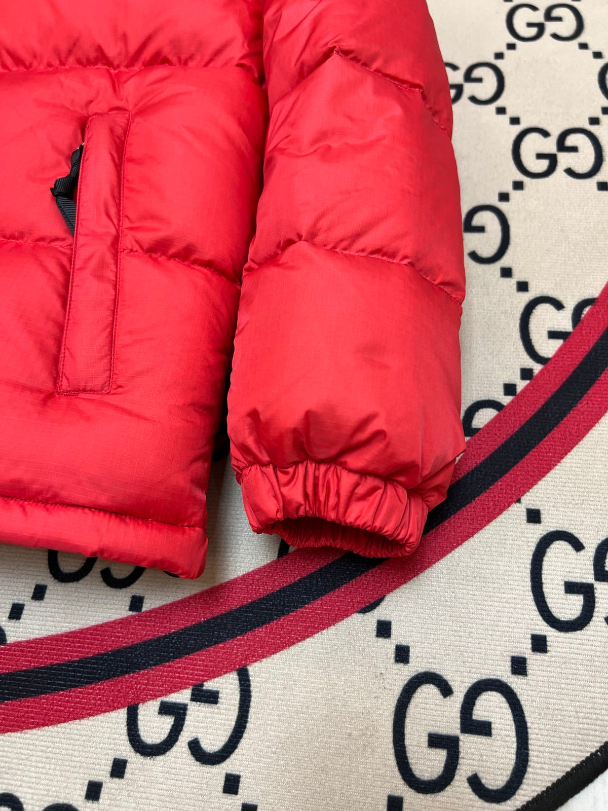 The North Face Red and Black Colorblock Stand-Collar Puffer Jacket
