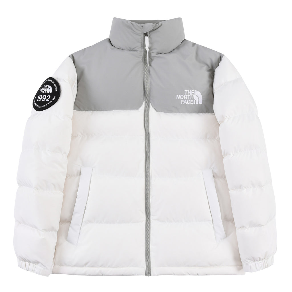 The North Face White and Light Gray Colorblock Stand-Collar Puffer Jacket