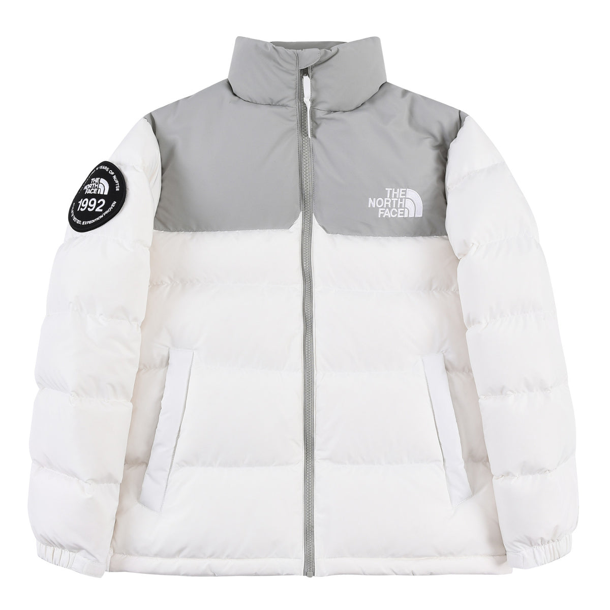The North Face White and Light Gray Colorblock Stand-Collar Puffer Jacket