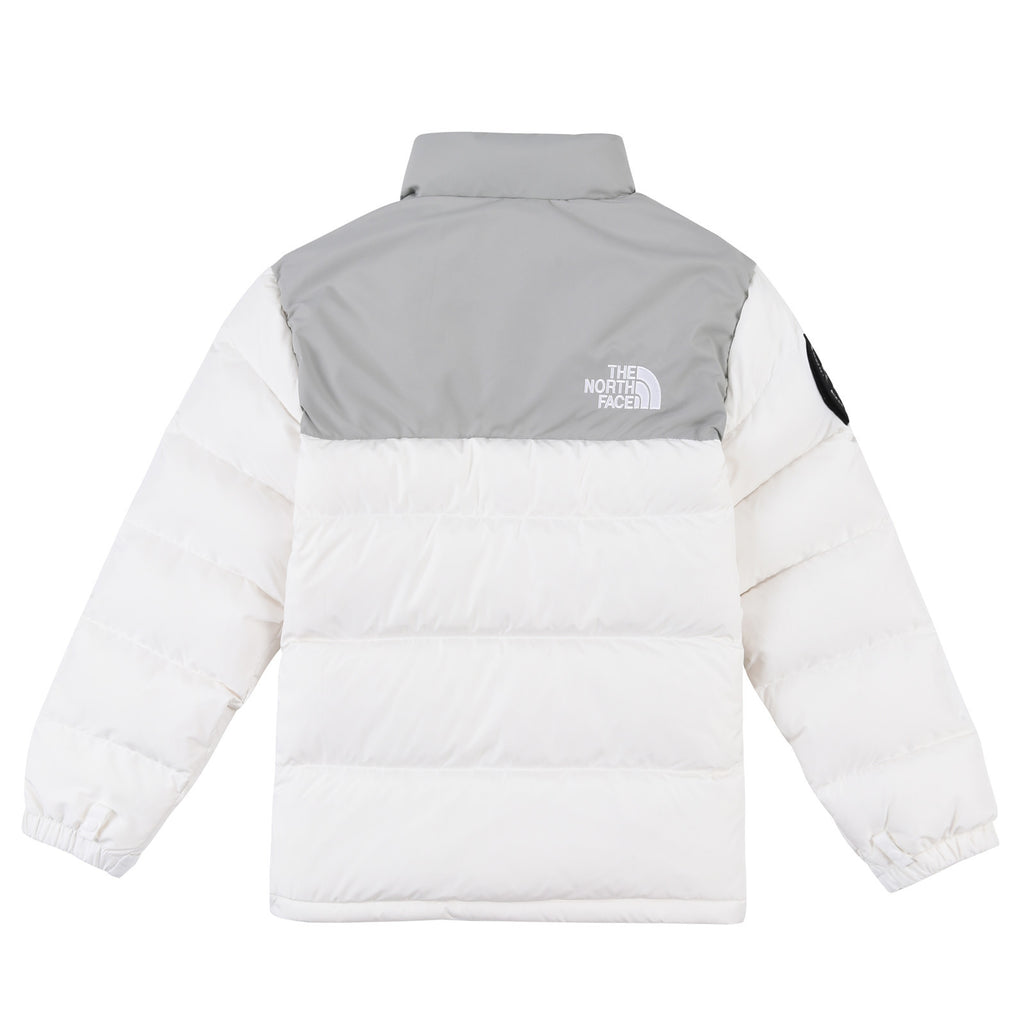 The North Face White and Light Gray Colorblock Stand-Collar Puffer Jacket