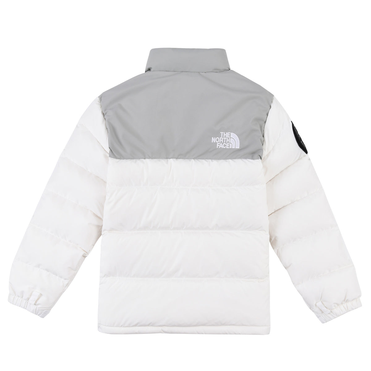 The North Face White and Light Gray Colorblock Stand-Collar Puffer Jacket