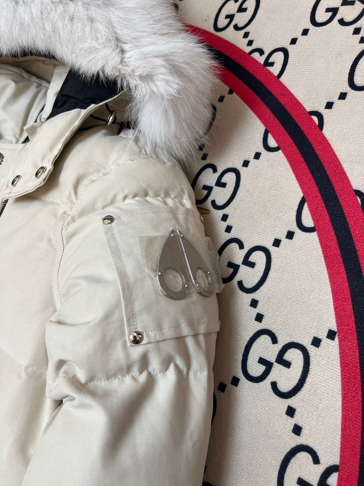 Moose Knuckles Ivory White Hooded Puffer Jacket with Plush Trim