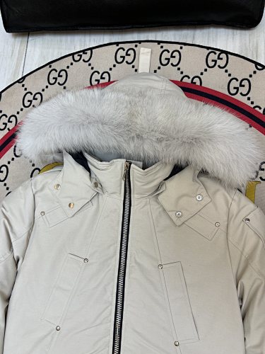 Moose Knuckles Ivory White Hooded Bomber Jacket with Plush Trim