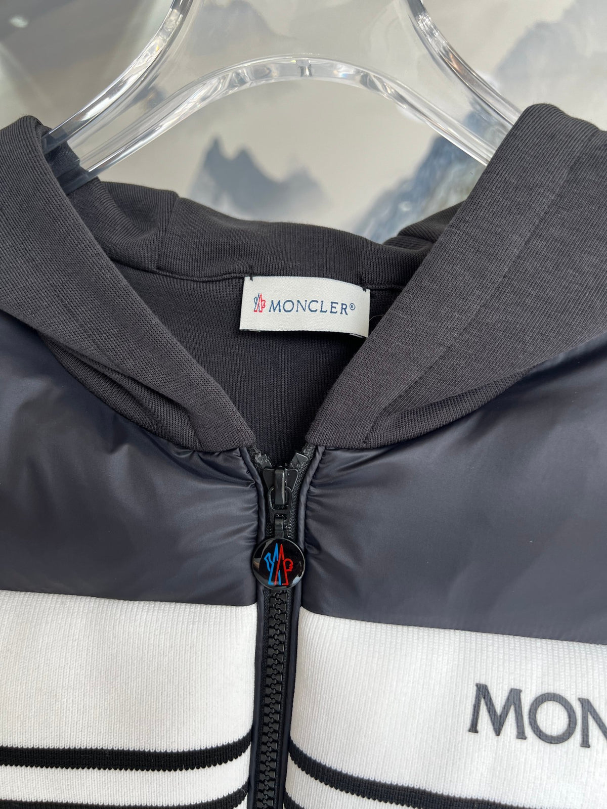 Moncler Black and White Hooded Quilted-Front Zip Jacket