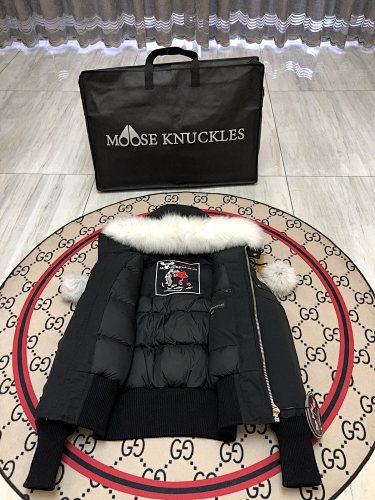 Moose Knuckles Black Cropped Hooded Bomber Jacket with Pom-Pom Details