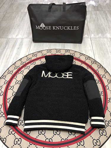 Moose Knuckles Black Hooded Teddy Jacket with White Striped Trim