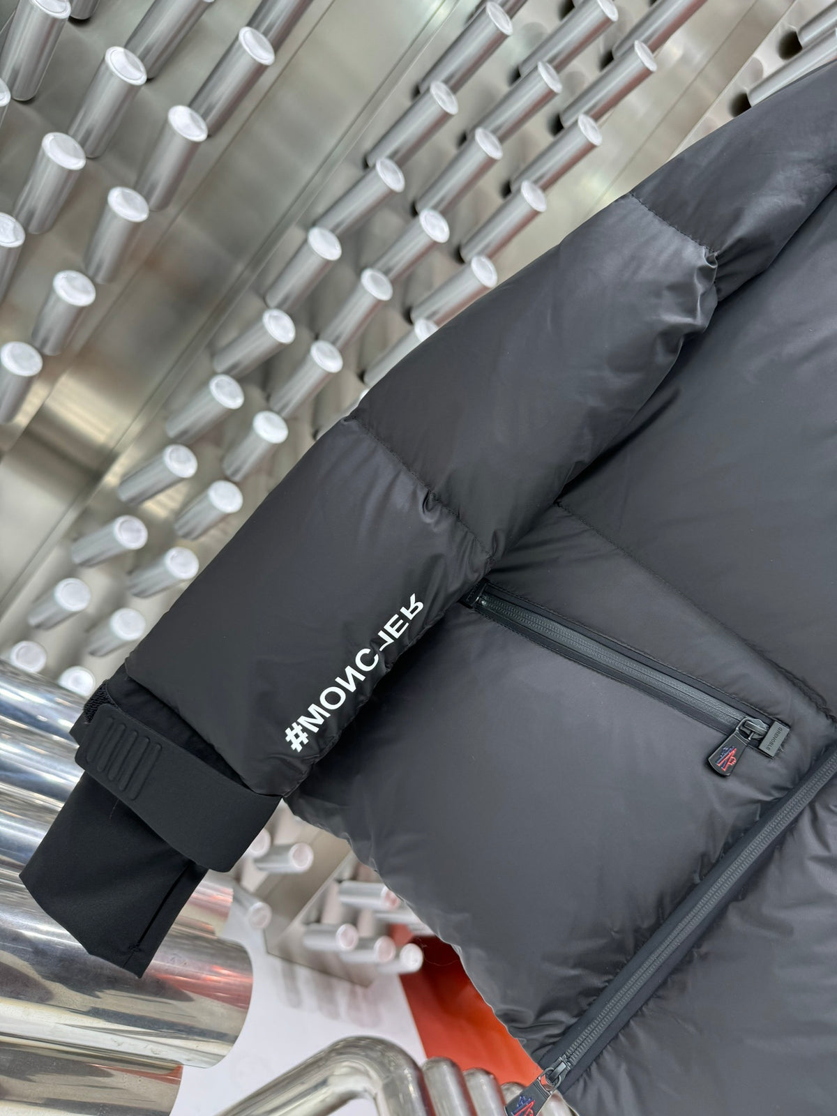 Moncler Charcoal Gray Stand-Collar Puffer Jacket with Graphic Back Print