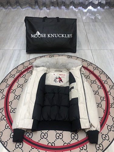 Moose Knuckles Ivory White Hooded Bomber Jacket with Plush Trim