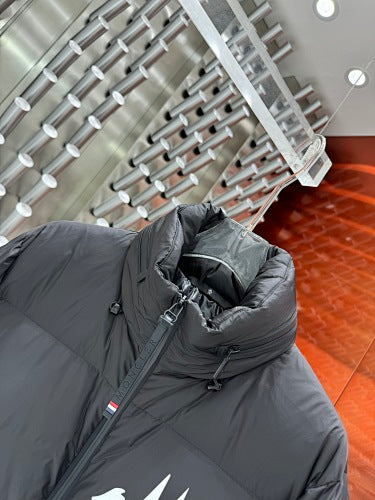 Moncler Charcoal Gray Stand-Collar Puffer Jacket with Graphic Back Print