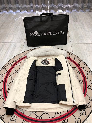 Moose Knuckles Ivory White Hooded Puffer Jacket with Plush Trim