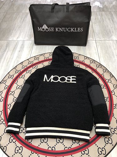 Moose Knuckles Black Hooded Teddy Jacket with White Striped Trim