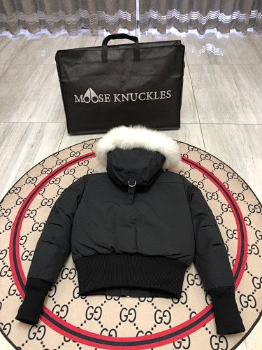 Moose Knuckles Black Cropped Hooded Bomber Jacket with Pom-Pom Details