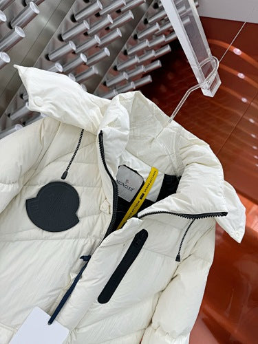 Moncler Ivory White Hooded Puffer Jacket with Black Chest Badge