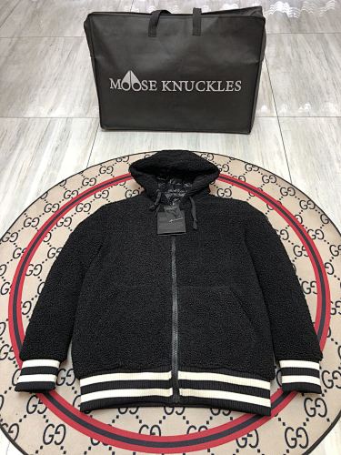 Moose Knuckles Black Hooded Teddy Jacket with White Striped Trim