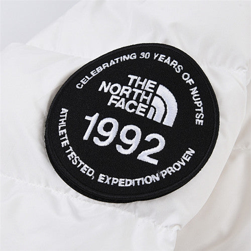 The North Face White and Light Gray Colorblock Stand-Collar Puffer Jacket