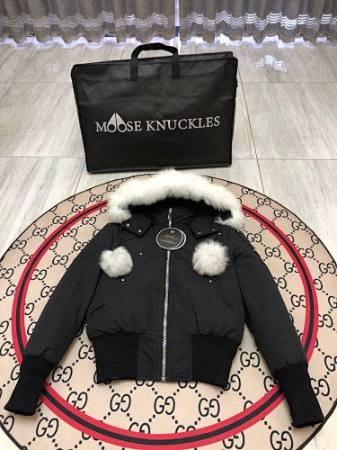Moose Knuckles Black Cropped Hooded Bomber Jacket with Pom-Pom Details