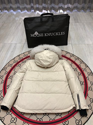 Moose Knuckles Ivory White Hooded Puffer Jacket with Plush Trim