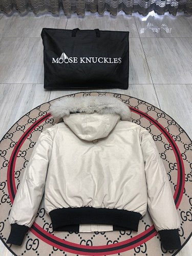 Moose Knuckles Ivory White Hooded Bomber Jacket with Plush Trim