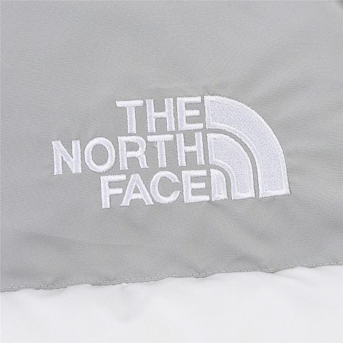 The North Face White and Light Gray Colorblock Stand-Collar Puffer Jacket