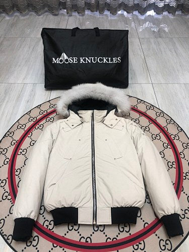 Moose Knuckles Ivory White Hooded Bomber Jacket with Plush Trim