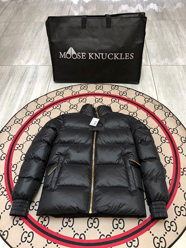 Moose Knuckles Black Glossy Stand-Collar Puffer Jacket with Tonal Sleeve Patch