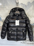 Moncler Black Glossy Hooded Puffer Jacket with Sleeve Pocket