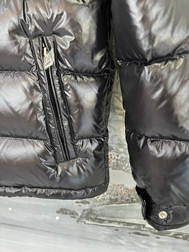 Moncler Black Glossy Hooded Puffer Jacket with Sleeve Pocket