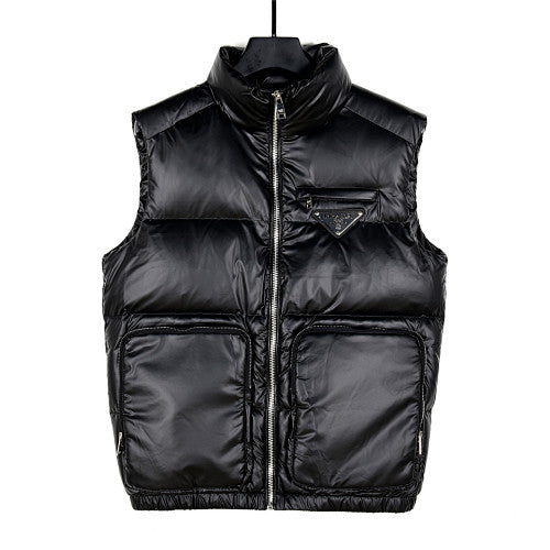 Prada Black Glossy Quilted Puffer Vest with Zip Pockets