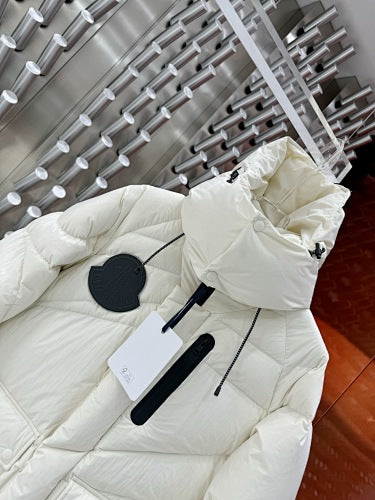 Moncler Ivory White Hooded Puffer Jacket with Black Chest Badge