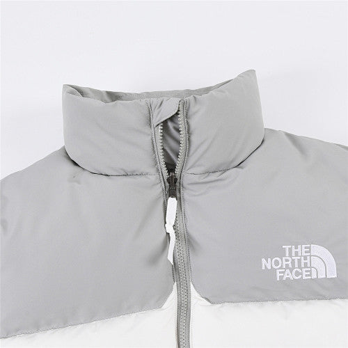 The North Face White and Light Gray Colorblock Stand-Collar Puffer Jacket