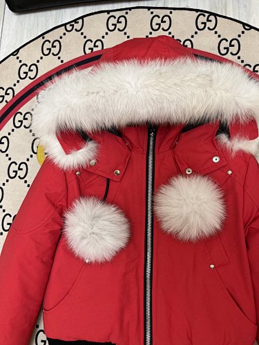 Moose Knuckles Red Cropped Hooded Bomber Jacket with Pom-Pom Details