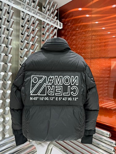 Moncler Charcoal Gray Stand-Collar Puffer Jacket with Graphic Back Print