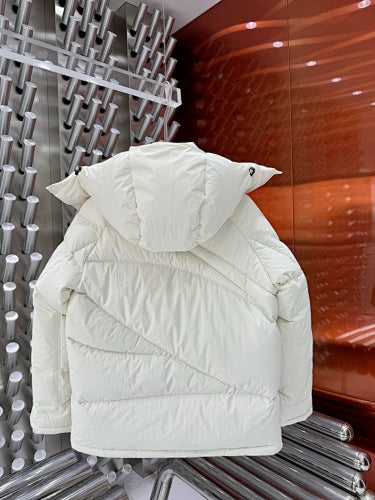 Moncler Ivory White Hooded Puffer Jacket with Black Chest Badge