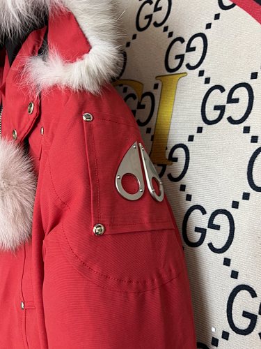 Moose Knuckles Red Cropped Hooded Bomber Jacket with Pom-Pom Details
