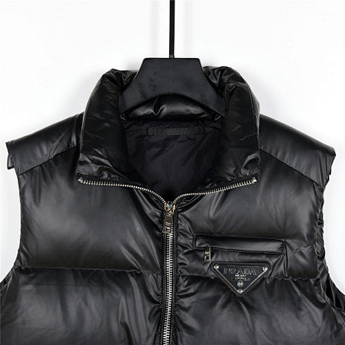 Prada Black Glossy Quilted Puffer Vest with Zip Pockets