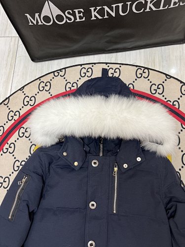 Moose Knuckles Navy Blue Hooded Puffer Jacket with White Plush Trim