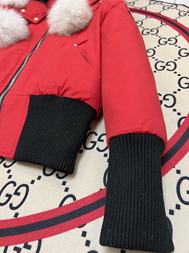 Moose Knuckles Red Cropped Hooded Bomber Jacket with Pom-Pom Details