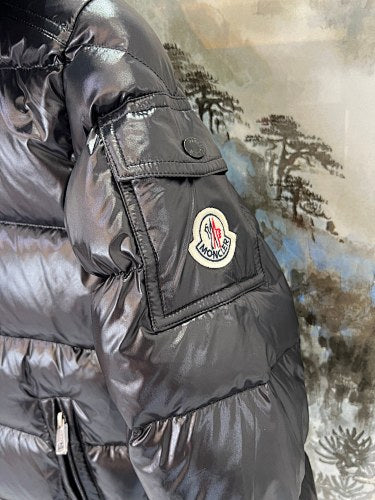 Moncler Black Glossy Hooded Puffer Jacket with Sleeve Pocket
