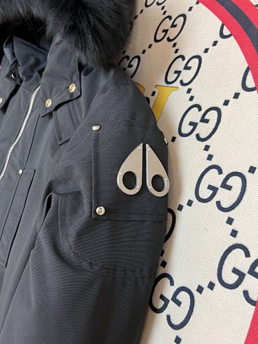 Moose Knuckles Black Hooded Bomber Jacket with Plush Trim