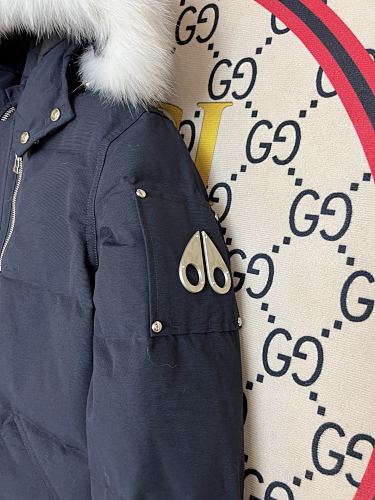 Moose Knuckles Navy Blue Hooded Puffer Jacket with White Plush Trim