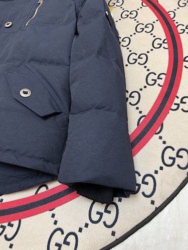 Moose Knuckles Navy Blue Hooded Puffer Jacket with White Plush Trim