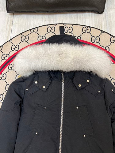 Moose Knuckles Black Hooded Bomber Jacket with Plush Trim