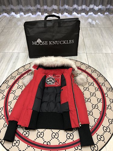 Moose Knuckles Red Cropped Hooded Bomber Jacket with Pom-Pom Details