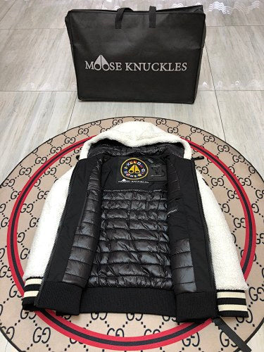 Moose Knuckles Ivory White Hooded Teddy Jacket with Black Striped Trim
