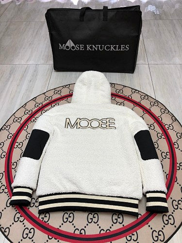 Moose Knuckles Ivory White Hooded Teddy Jacket with Black Striped Trim