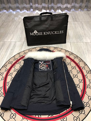 Moose Knuckles Navy Blue Hooded Puffer Jacket with White Plush Trim