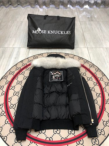 Moose Knuckles Black Hooded Bomber Jacket with Plush Trim
