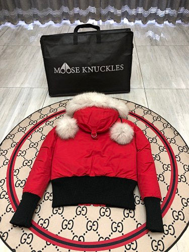 Moose Knuckles Red Cropped Hooded Bomber Jacket with Pom-Pom Details