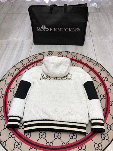 Moose Knuckles Ivory White Hooded Teddy Jacket with Black Striped Trim